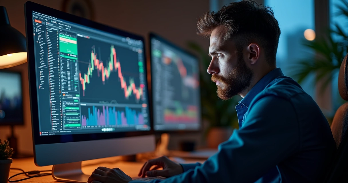 Homem olhando anúncio com promessa de lucro garantido de bot de trading