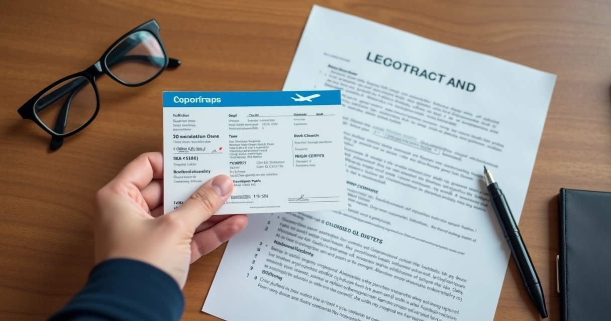 Hand holding airline ticket and contract details with glasses and pen on wooden table 