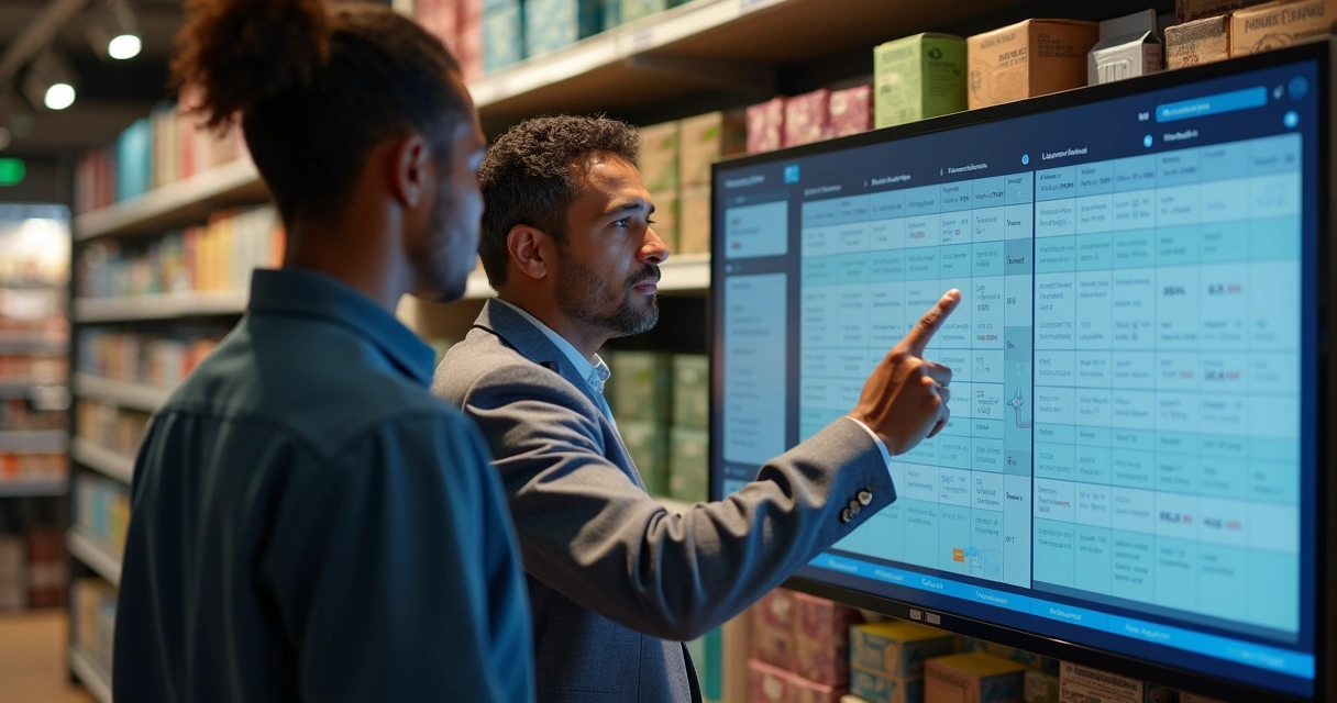 Equipe ajustando preços em lote no computador para estoque de loja utilizandos ações em lote 