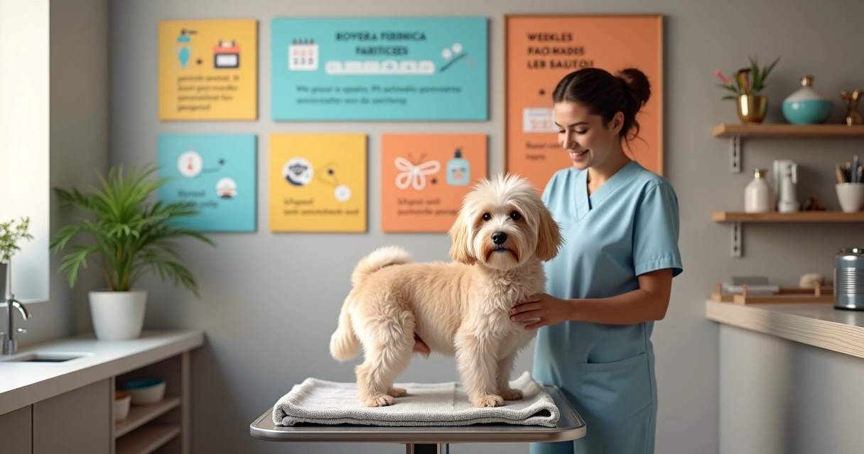 Petshop de banho e tosa com cartaz de promoção e cão sendo atendido na mesa 
