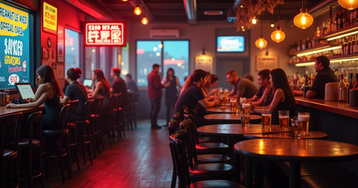 Interior de bar moderno com clientes animados e promoções visíveis em cartazes coloridos 