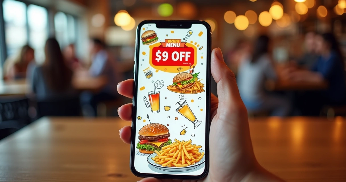 Cardápio digital em smartphone mostrando promoção 