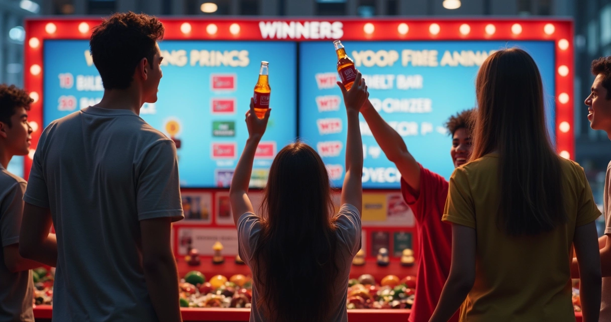 Promoção com tampinhas premiadas de refrigerante em cenário jovem 