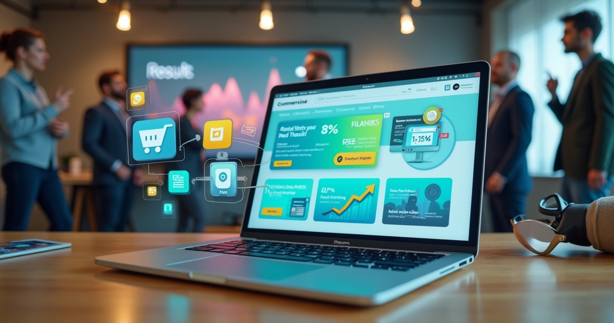 Loja virtual em laptop exibindo promoções com clientes felizes ao redor 