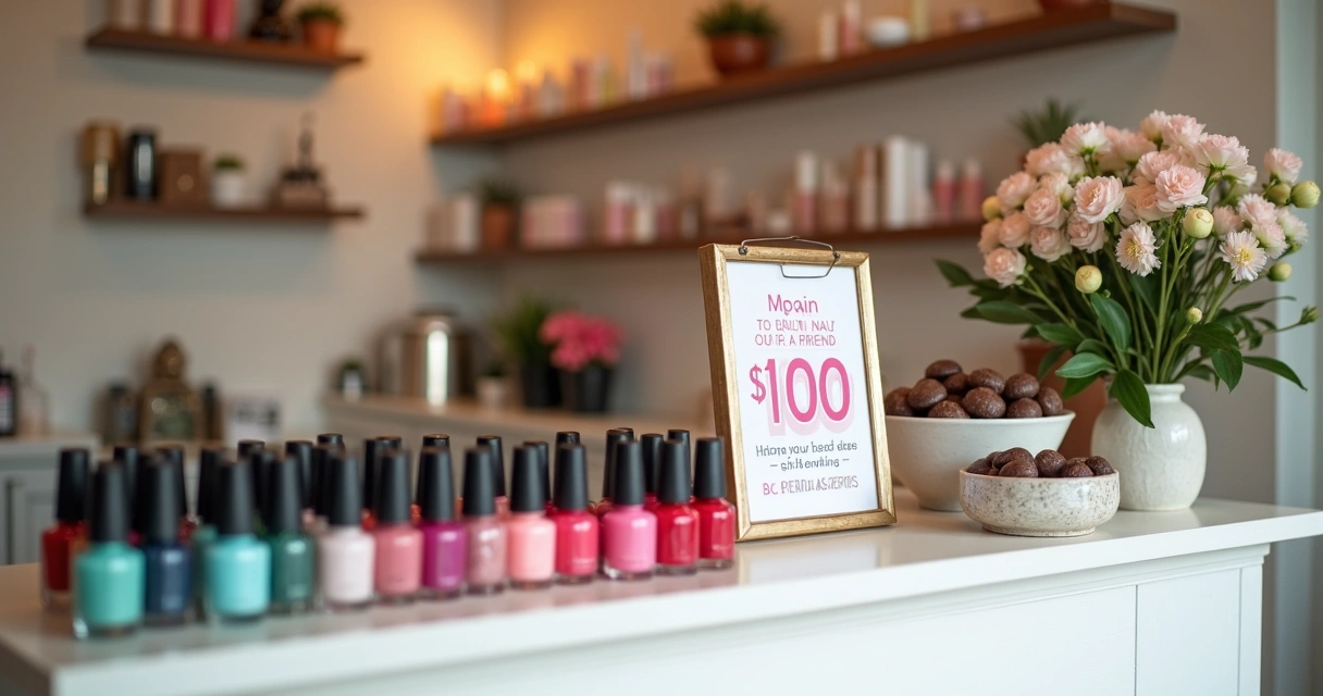 Cartaz de promoção para esmalteria em balcão com esmaltes coloridos