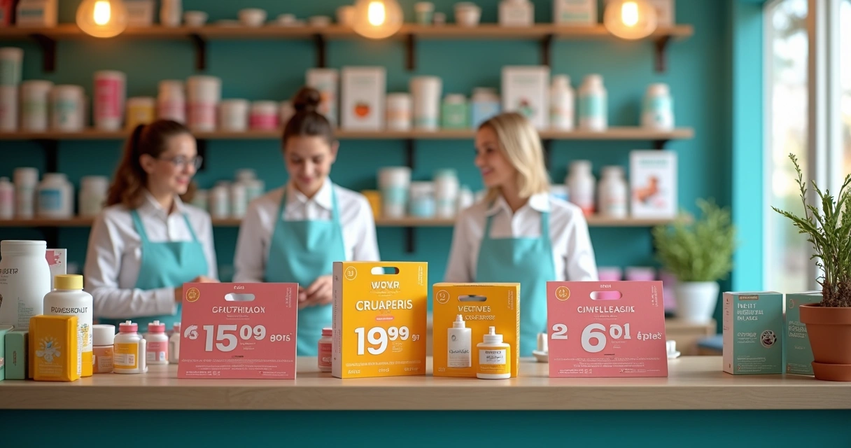 Divulgação de promoções de produtos em farmácia
