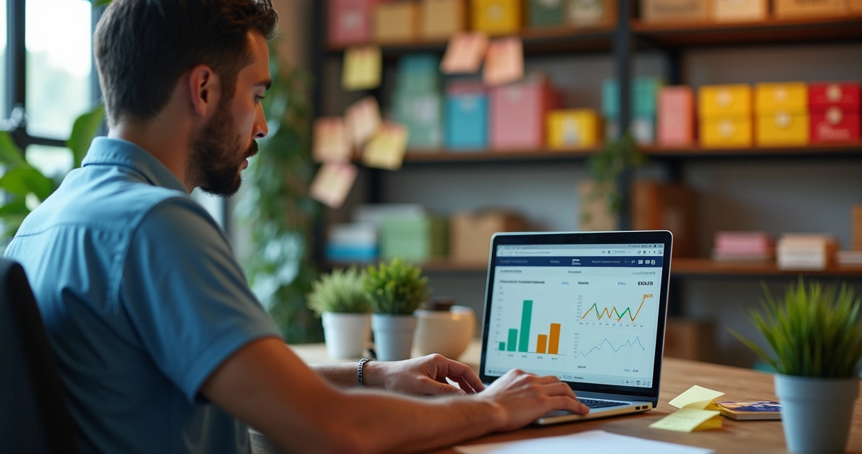 Vendedor analisando campanha promocional no notebook com gráficos e estoque 