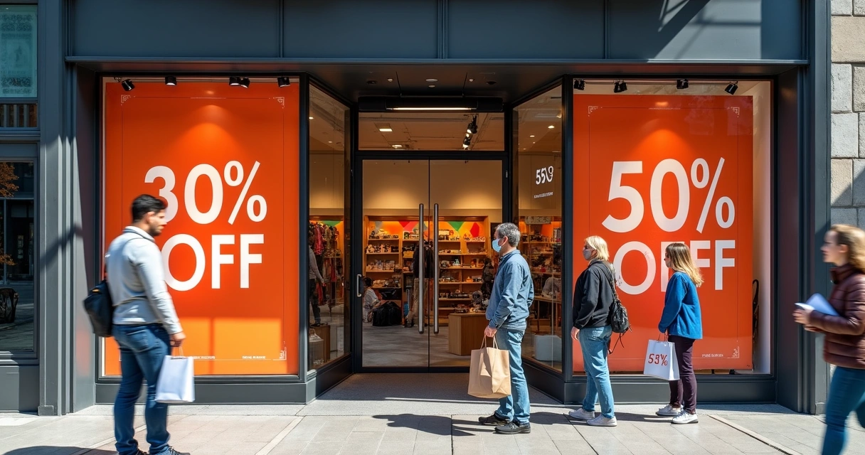Vitrine de loja com cartaz de promoção chamativo. 