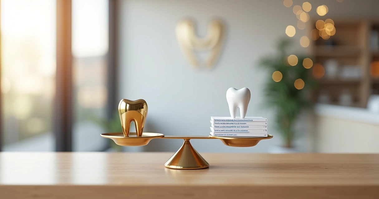 Balança segurando dente dourado e documento de normas em clínica odontológica 