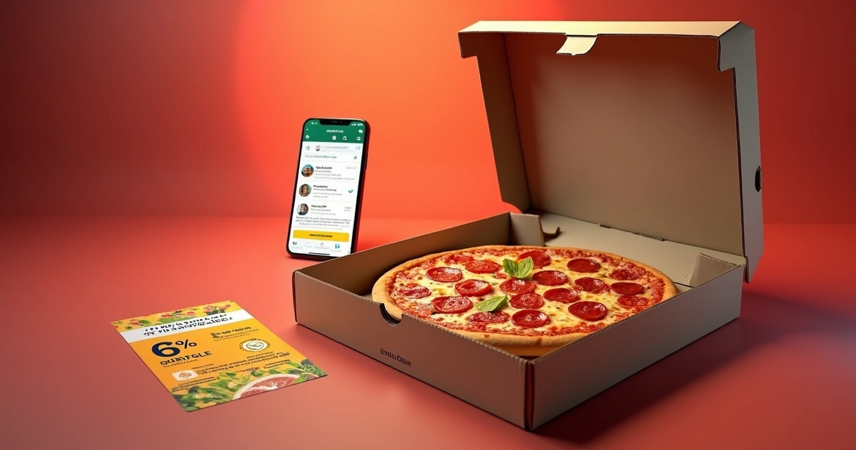 Pizza deliciosa em caixa aberta com cupom de desconto e telefone para pedidos em fundo colorido 