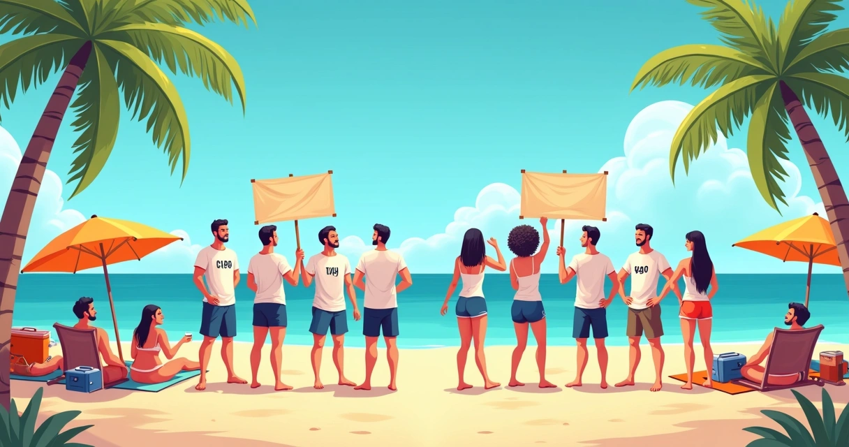 Equipes usando camisetas personalizadas na praia de Santos