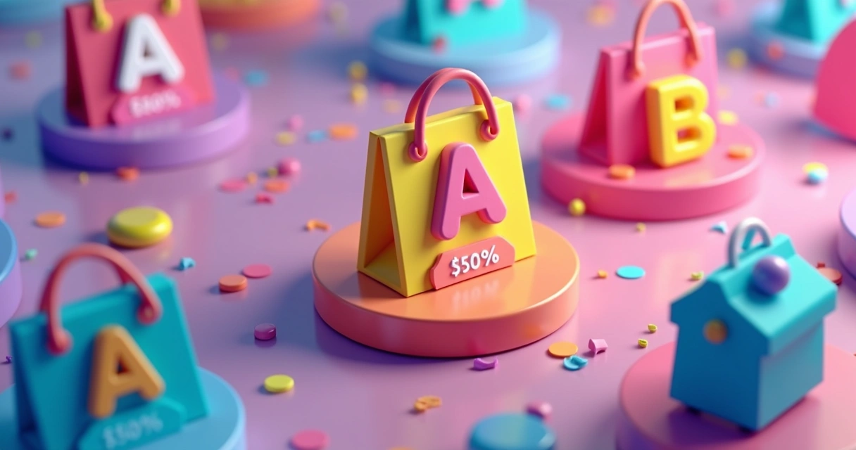 Produtos em destaque com selos promocionais e categorias ABC visíveis 