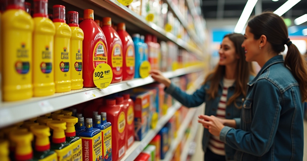 Prateleira de loja com etiquetas de promoção em produtos pouco vendidos 