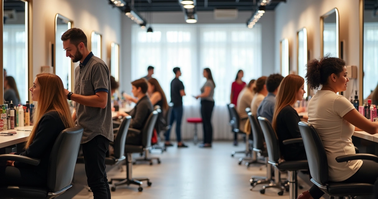 Clientes recebendo atendimento em salão de beleza moderno. 