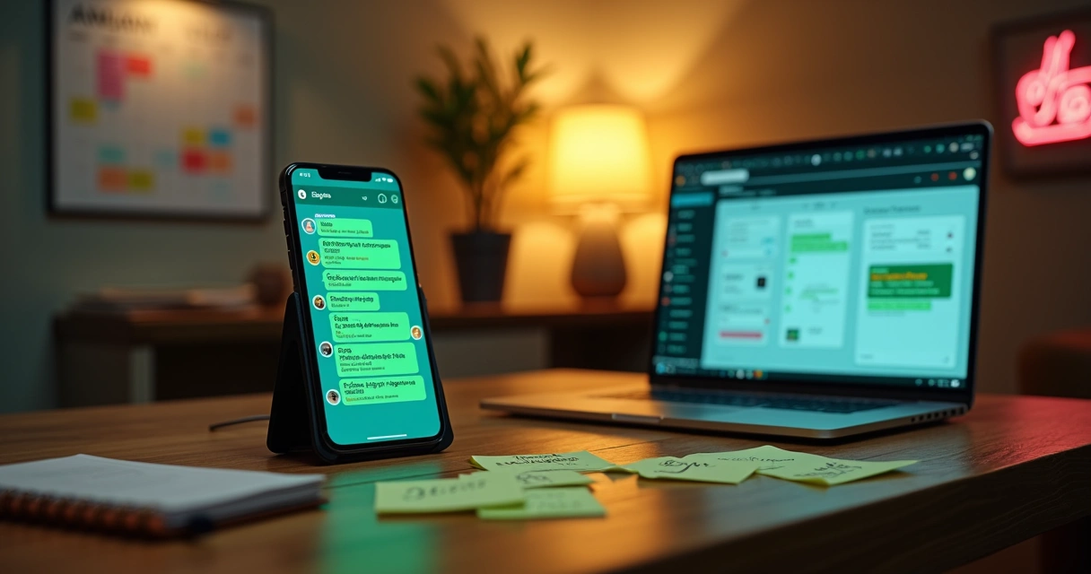 Empresária preparando mensagem de promoção para clientes no WhatsApp em ambiente moderno 