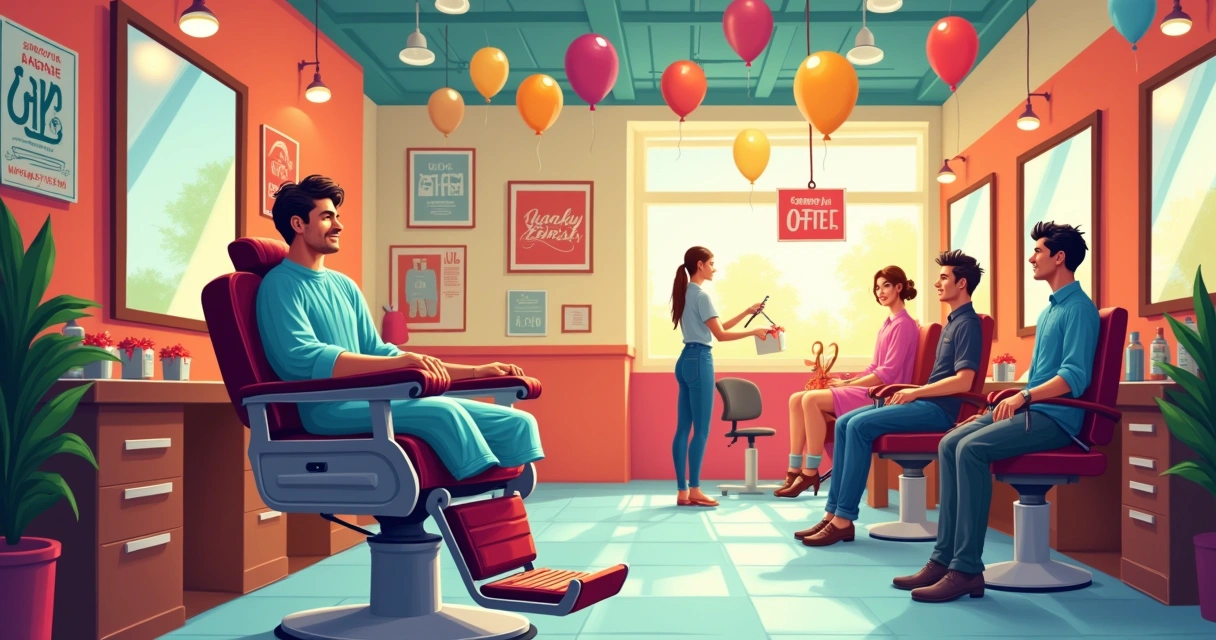 Cadeira de barbearia decorada para promoção de festas especiais, com balões e cartaz de desconto 