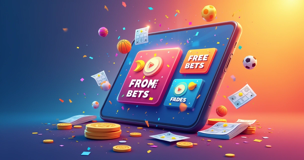 Ilustração vibrante de uma plataforma de apostas com o app da Betano e ícones de promoções e esportes.