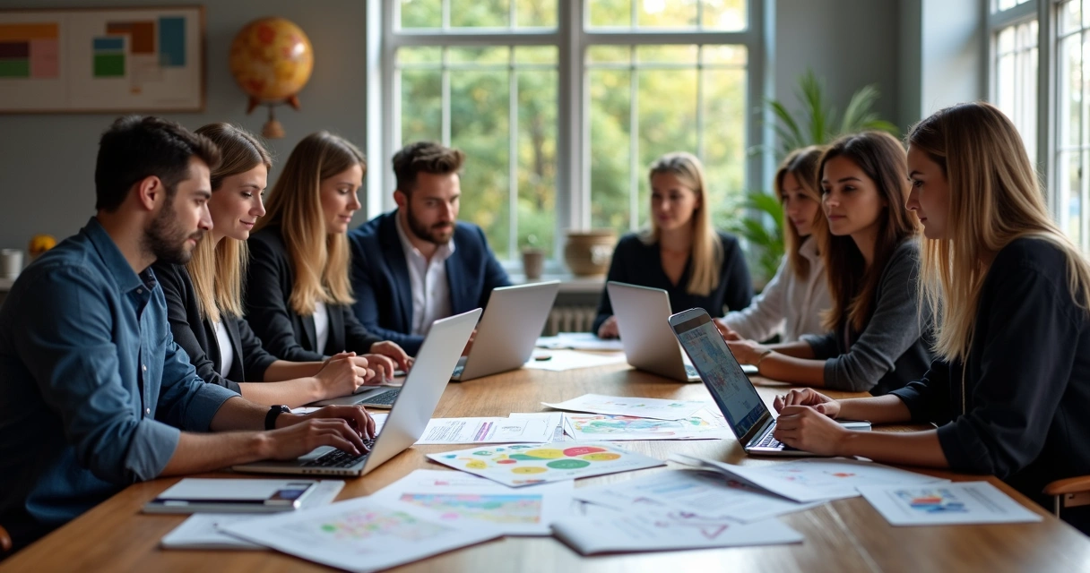 Agência de viagem com equipe planejando promoções exclusivas para Black November com gráficos e equipamentos digitais 