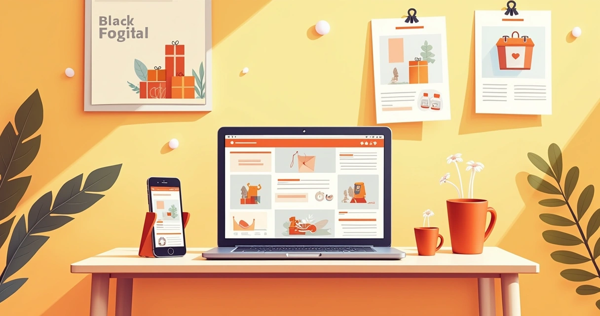 Ilustração de smartphone e laptop mostrando promoções de consertos e comparação de preços.