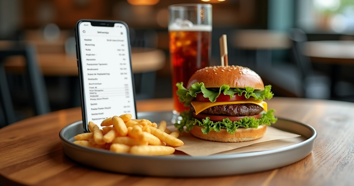 Mesa com cardápio digital no celular, copo de refrigerante, hambúrguer e batata frita em ambiente de delivery moderno 