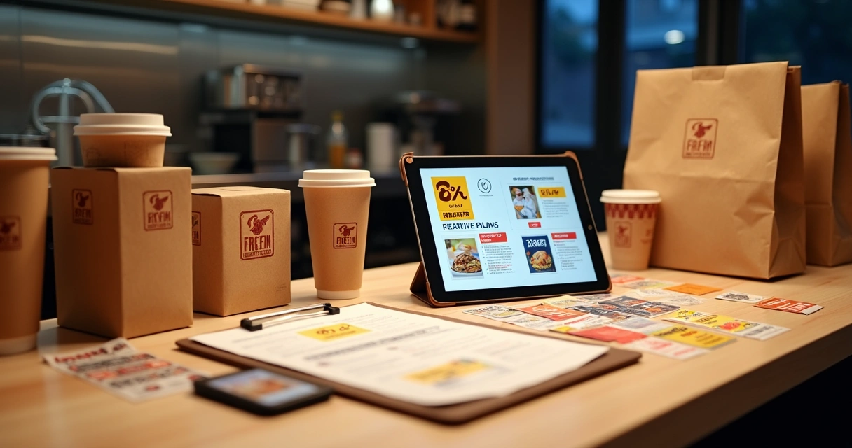 Cardápios com cupons de desconto ao lado de embalagens de delivery sobre bancada de restaurante 