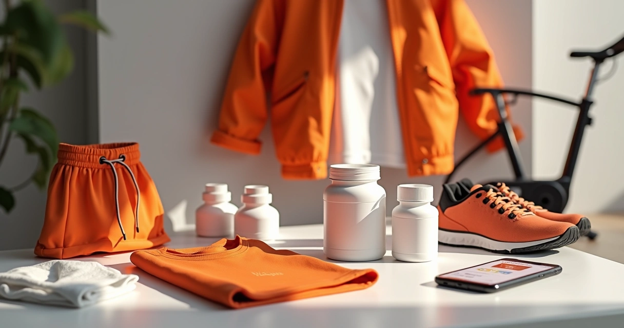 Itens de moda feminina e produtos fitness em uma mesa de trabalho 
