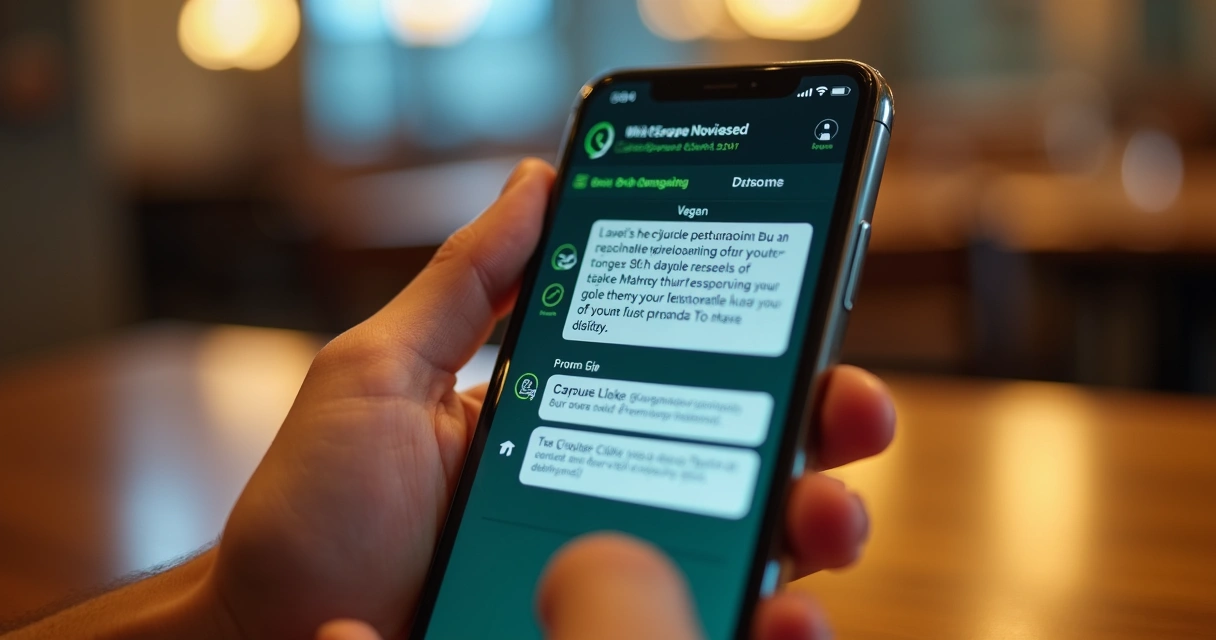 Celular mostrando diferentes promoções de restaurante no WhatsApp 