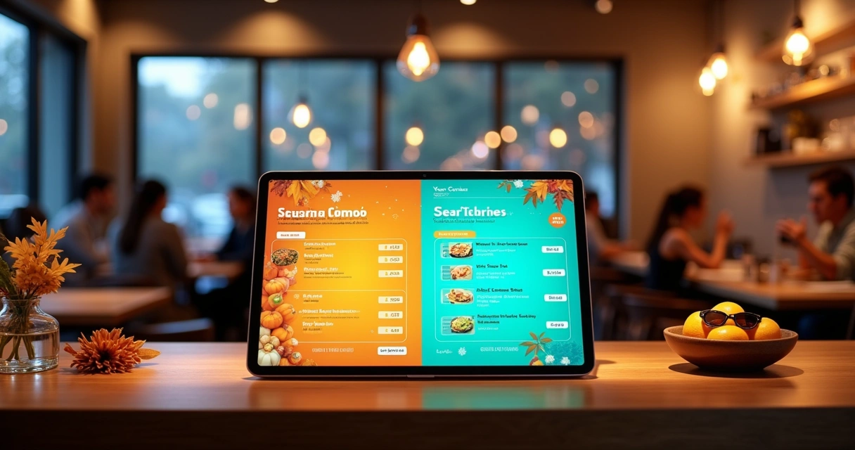 Cardápio digital com destaque para promoções sazonais coloridas 