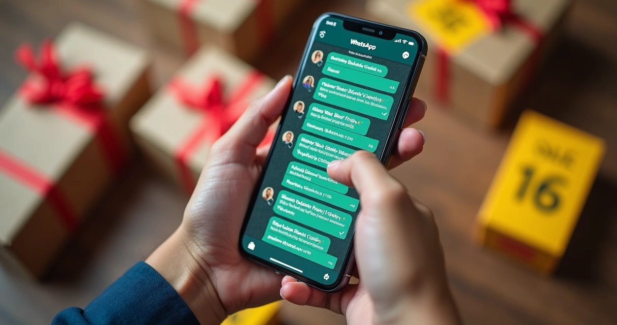 Pessoa segurando celular mostrando promoções exclusivas de Black Friday em grupo do WhatsApp 