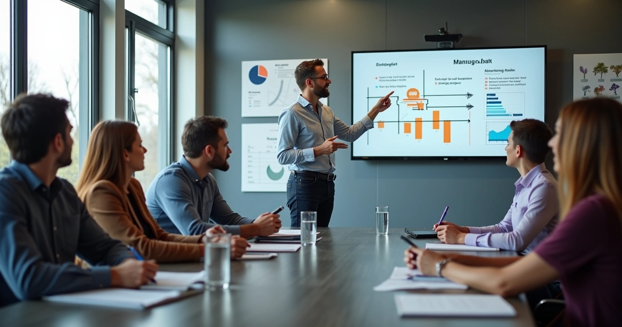 Promotor de vendas em treinamento com equipe, todos atentos a apresentação em sala de reuniões