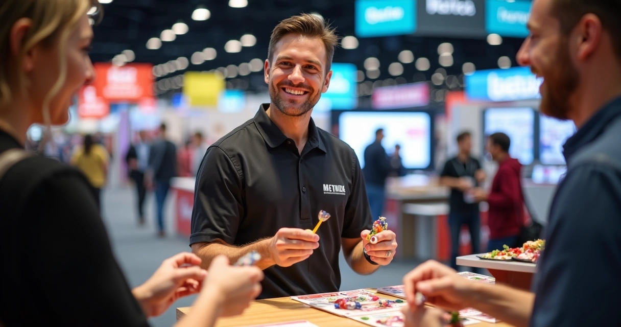 Promotor apresentando produto em evento promocional 