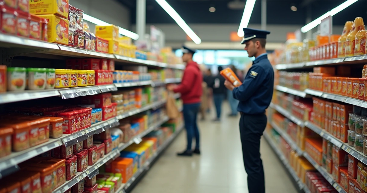 Promotor organizando produtos nas prateleiras de supermercado 