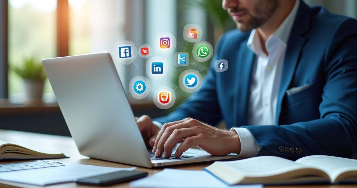 Promotor de vendas interagindo em redes sociais pelo notebook ao lado de materiais de marketing