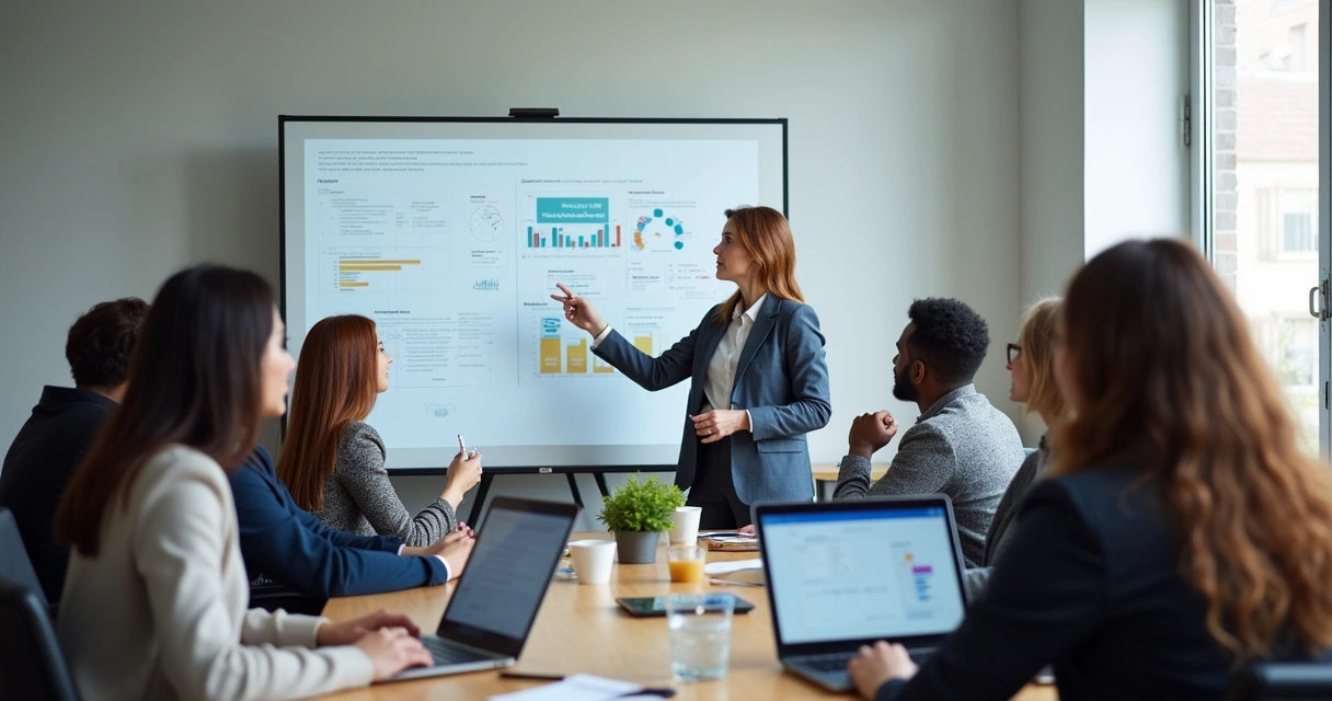 Treinamento de promotores de vendas em sala de reunião moderna