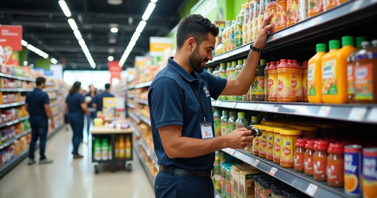 Promotor de vendas organizando produtos em gôndola de supermercado movimentado 