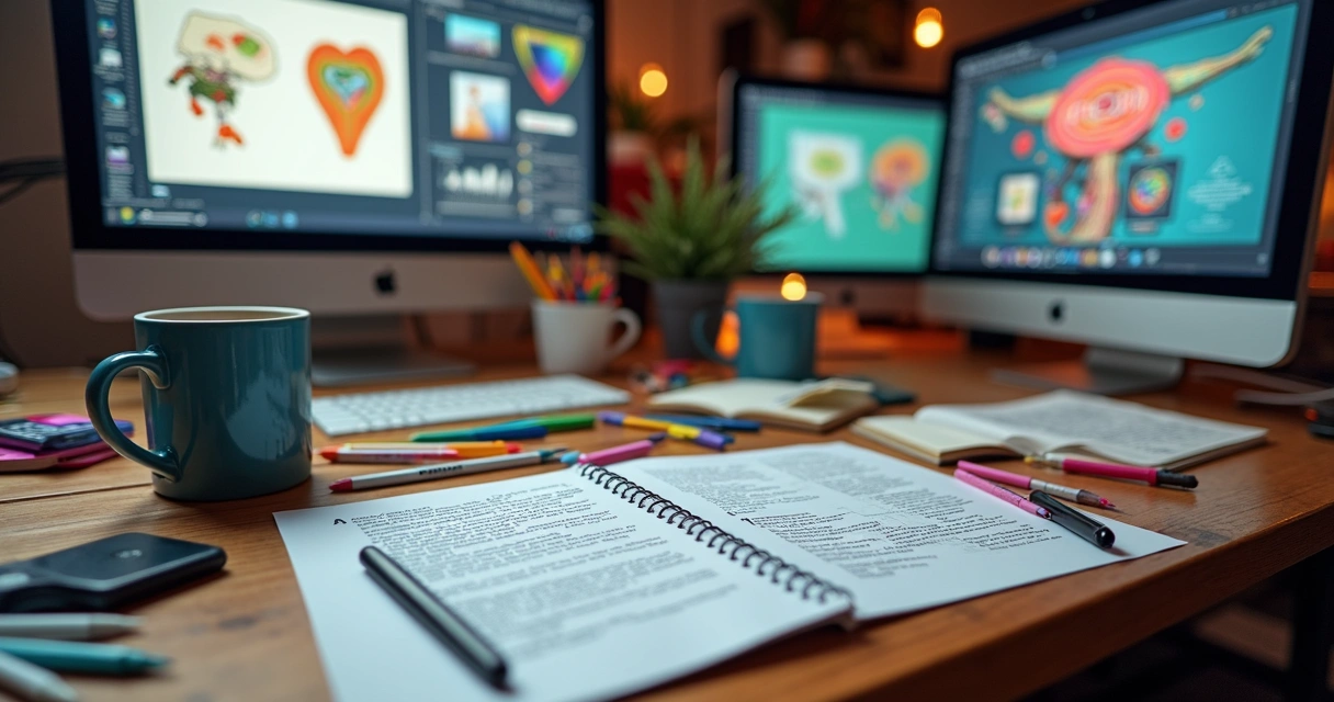 Mesa com roteiros criativos gerados por IA e materiais de design 