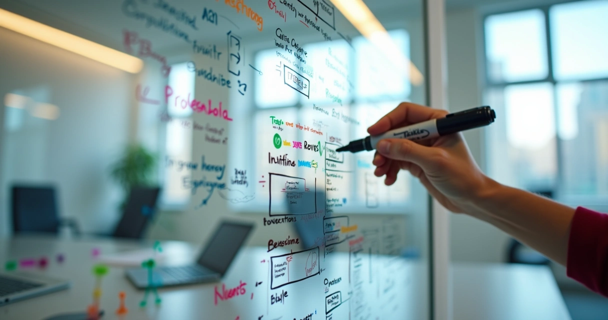 Developer writing prompt instructions on glass board 