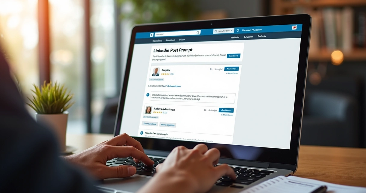 Prompt detalhado sendo preenchido em tela de computador, fundo de escritório moderno 