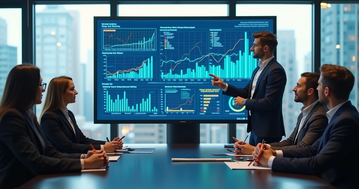 Pessoa apresentando painel de dados gerados por IA em reunião de negócios 