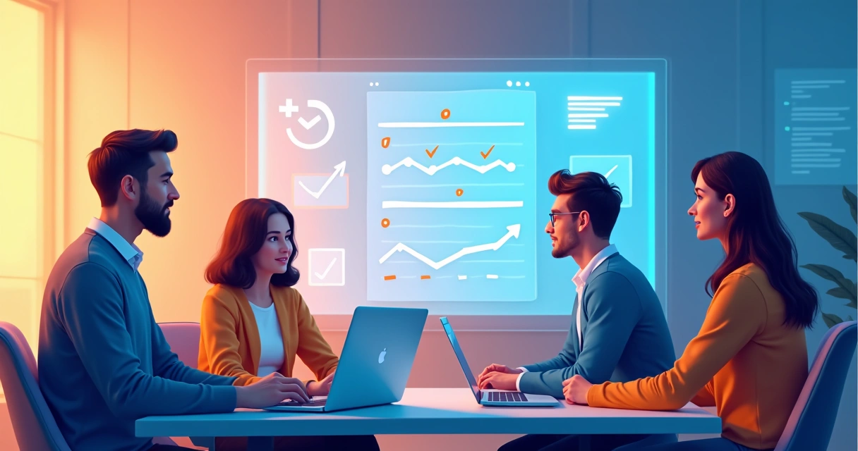 Equipe avaliando lista de verificação e indicadores digitais prontos para IA 