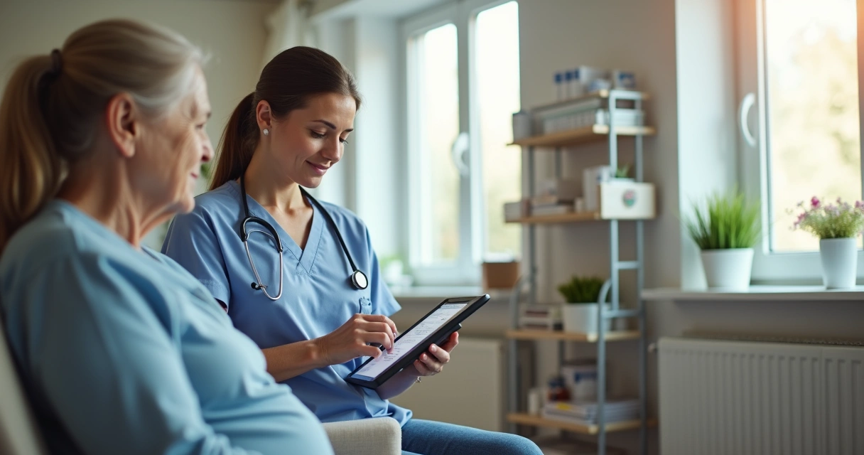 Enfermeira usando tablet para registrar informações em prontuário digital 