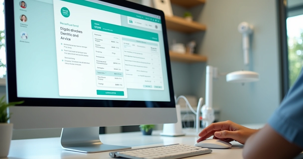 Prontuário digital aberto ao lado de painel de cobranças automatizadas 