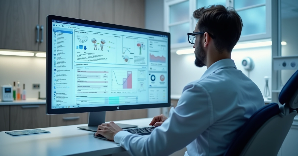 Profissional acessando prontuário digital em consultório odontológico 