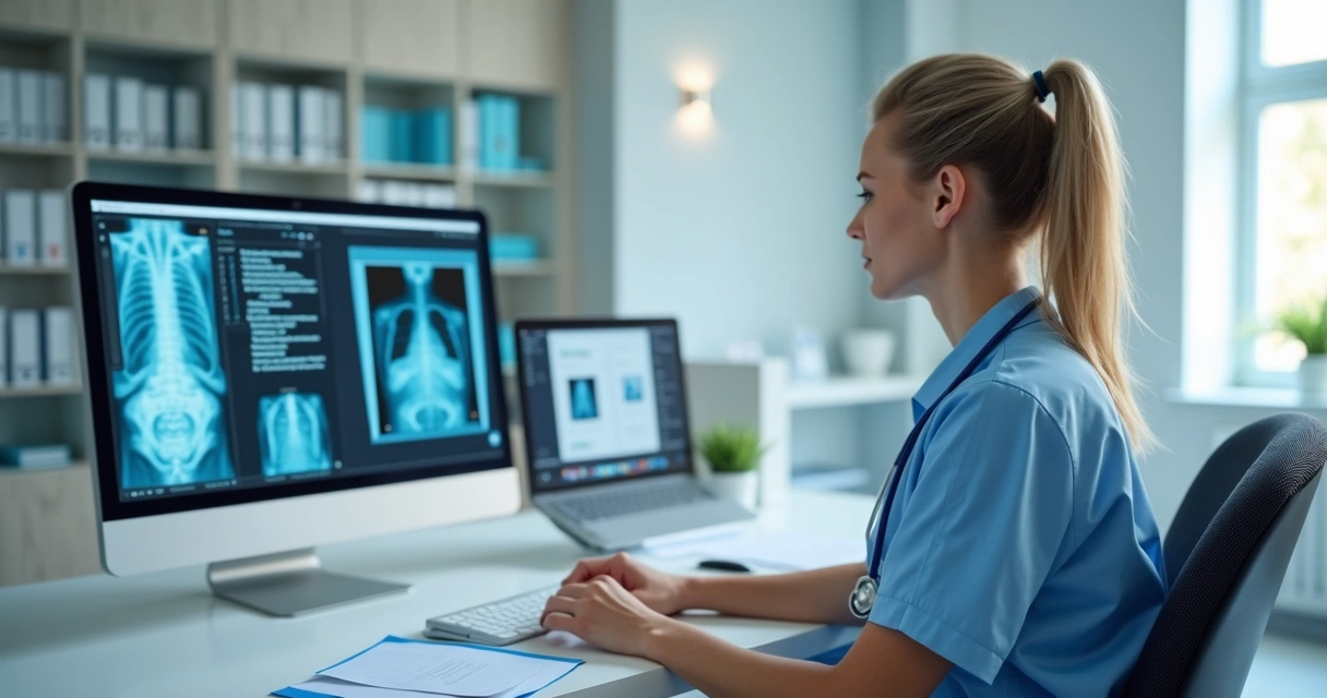 Profissional revisando prontuário digital em clínica médica
