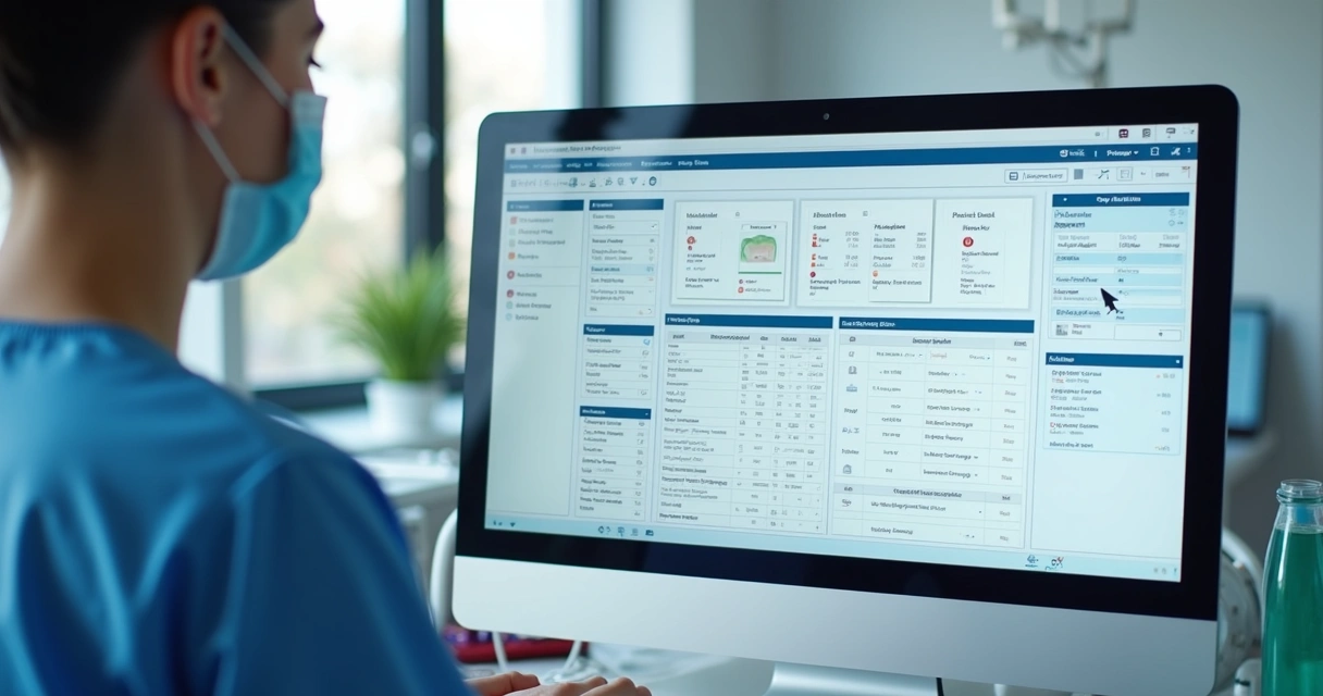 Tela de prontuário digital de paciente aberta em computador em clínica odontológica moderna 