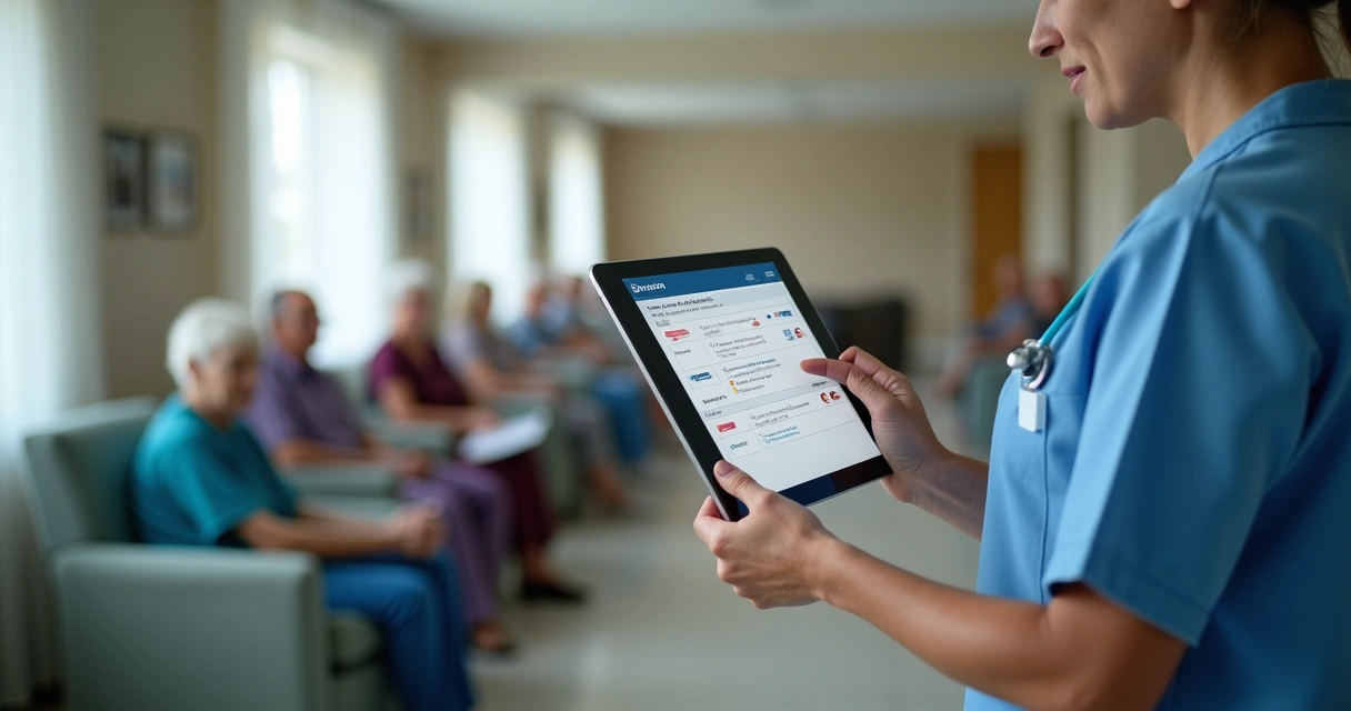 Enfermeiro usando prontuário digital em tablet em ILPI 
