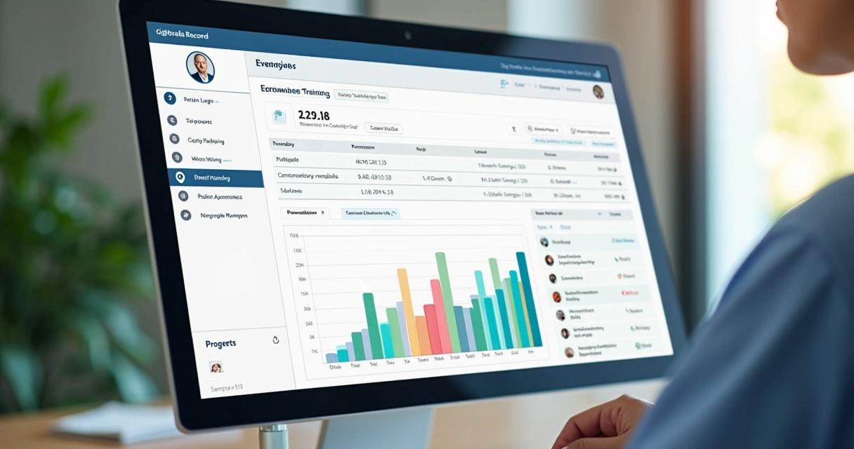 Interface de prontuário digital de ILPI com registros de treinamento e gráfico de avaliação 