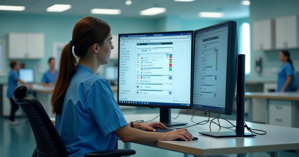 Profissional auditando prontuário digital em ILPI com computador 