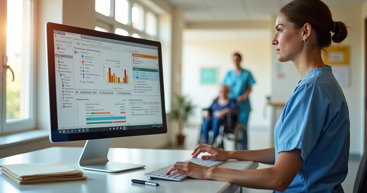 Enfermeira em posto de enfermagem de ILPI usando prontuário digital no computador 
