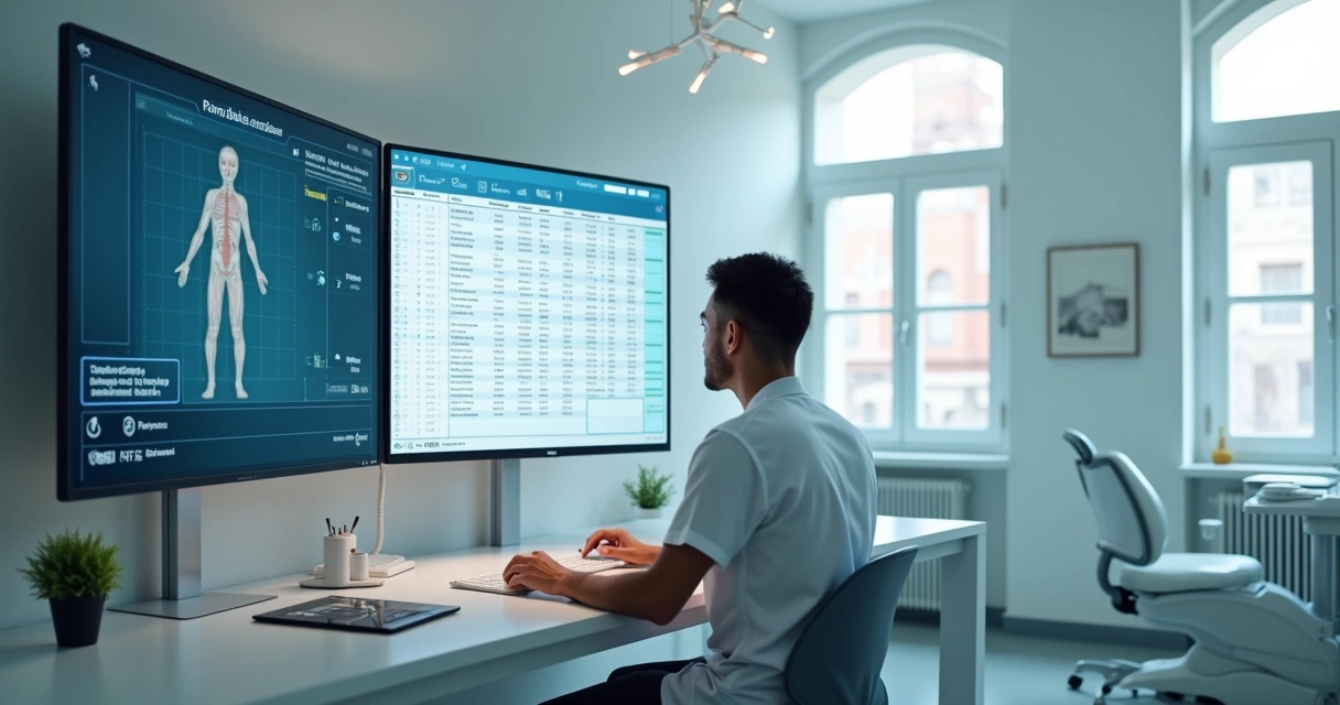 Profissional analisando prontuário digital integrado com laboratórios